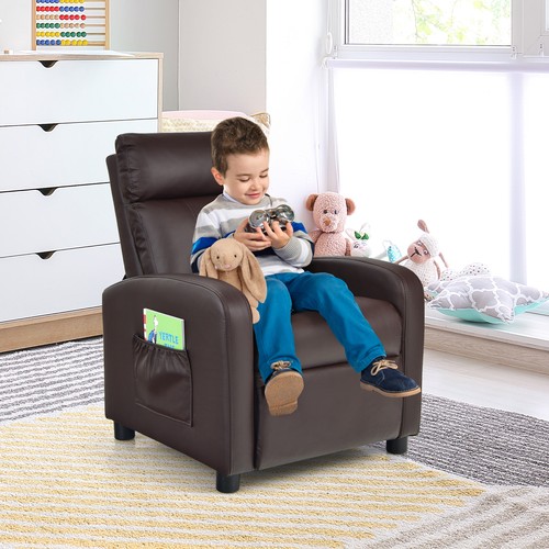 Cozy Kids’ Reclining Chair w/ Adjustable Backrest & Footrest & Side Pocket Brown - Picture 3 of 8