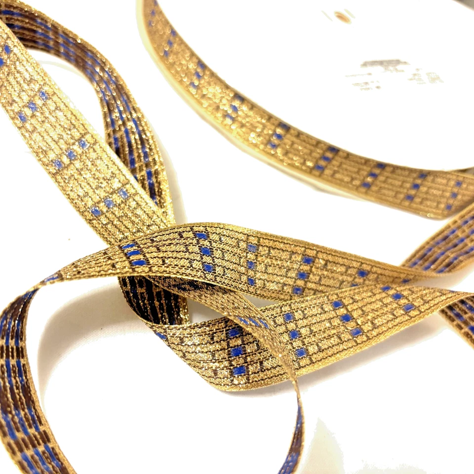Vintage Berwick Metallic Ribbon 7/8" 23mm Gold Glitters w/ Blue 100 yds Spool - Image 3 of 4