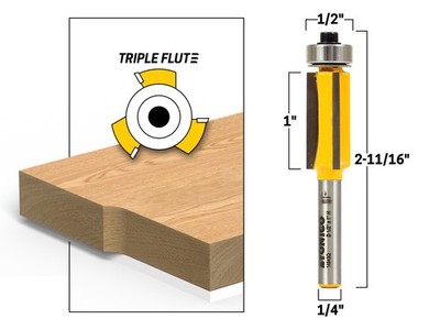 1'' X 1/2'' Diameter Triple Flute Flush Trim Router Bit-1/4'' Shank - Yonico 14943q