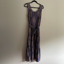 Talbots Women L Paisley Stretch Jersey Knit Belted Sleeveless Tiered Midi Dress