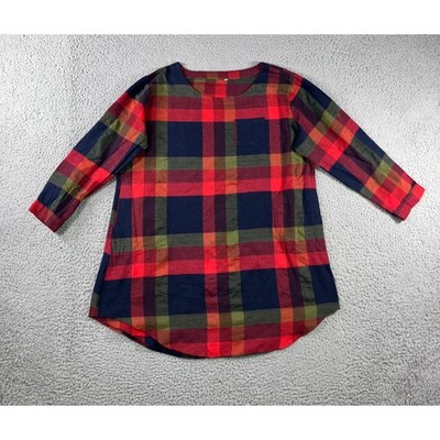 Plaid Flannel Tunic Mini Dress 3XL Red Navy Blue Checkered 3/4 Roll Tab Sleeve