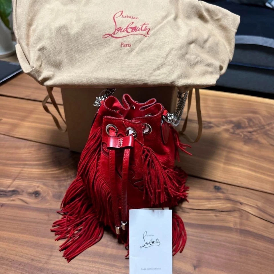 Unused Christian Louboutin Red Fringe Shoulder Bag Red suede Chain strap - Image 2 of 4