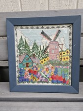 Vintage Large Needlework Crewel Embroidery Wall Art Framed Windmill Landscape