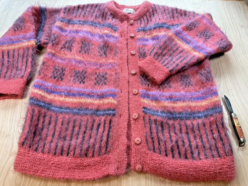 vintage 80's PINK MOHAIR cardigan SWEATER wool LARGE oversized PATTERN new wave - Picture 3 of 24