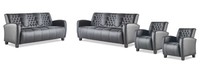 Chesterfield Sofa-Set 3-Sitzer Sessel Schwarz Lehnsessel Couch Leder Holz