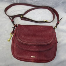 Fossil Peyton Crossbody Purse Wine Pebbled Leather Double Flap Retro Saddle Bag