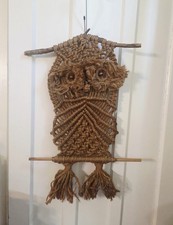 Vintage 1970's Boho Macrame Jute Owl Wall Hanging Decor Rope Folk Art 28" x 19"