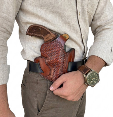 BasketWeave Leather Holster Fits S&W Model 686 10 19 60 - 3 Slot Belt Loops