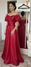 Elegant Red Satin Evening Dress Balloon Puff Sleeve Maxi Party Gown Gently Used