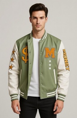 Seven7 Souls Money Motive Sage Green & White Men's Varsity Jacket Size Small