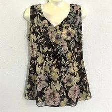 cAbi Women 3265 Osaka Nights Floral Print Ruffle Sleeveless V-Neck Blouse Top M