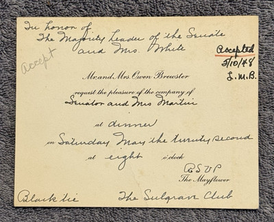 1948 U.S. Senate Dinner Invitation Card   Owen Brewster & Majority Leader White
