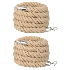 2Pcs 8ft x 1.1 Inch Crowd Control Jute Stanchion Rope with Snap Hooks