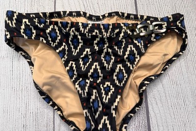 Lands End Swim Bikini Bottom Black Blue 8 Geometric Tortoiseshell Link Half Belt
