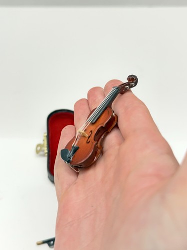 Miniatura violino e archetto legno in custodia 3" casa delle bambole piccolo strumento sala musica - Foto 2 di 7
