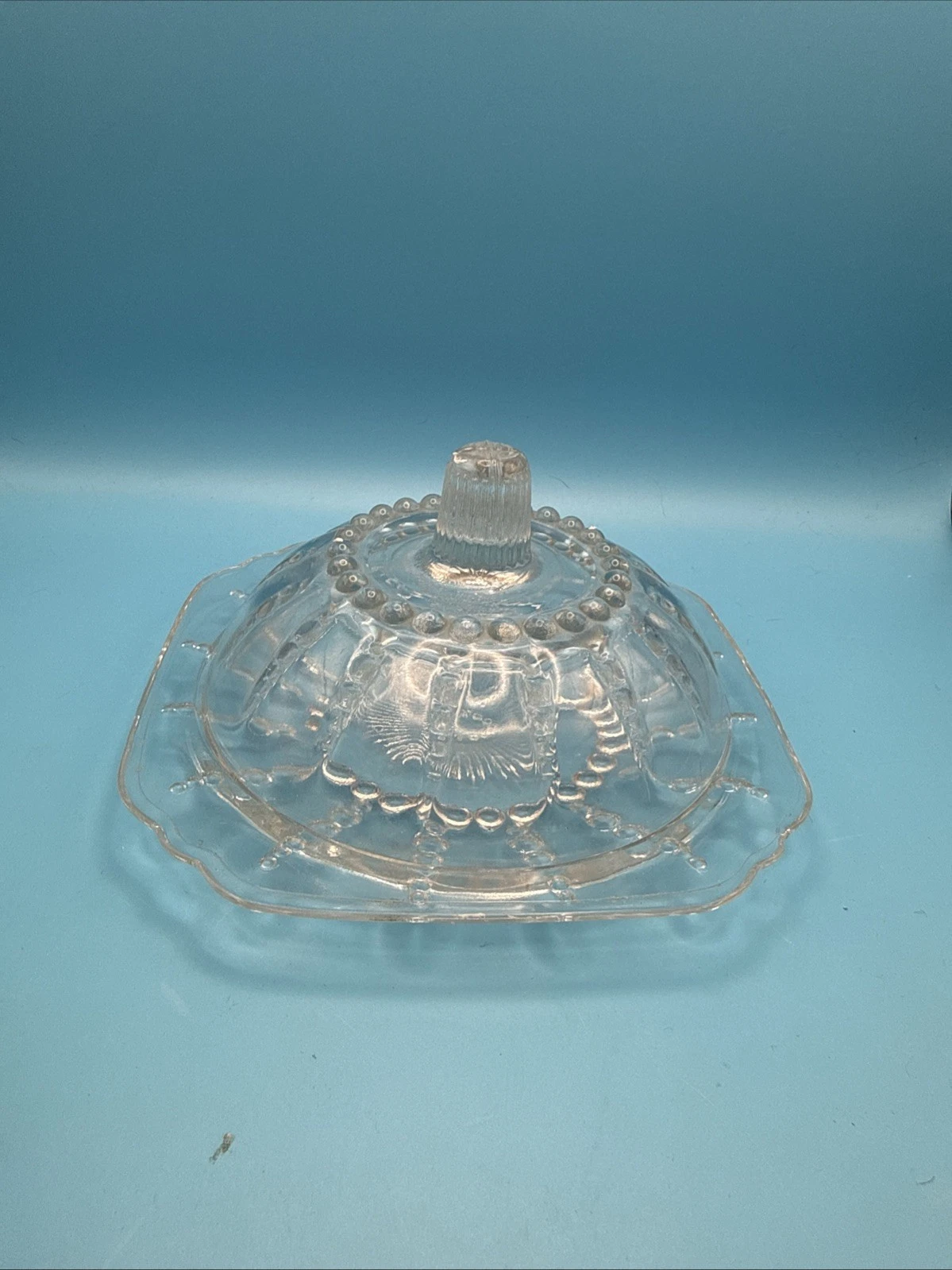 Vtg Federal COLUMBIA Clear 2 pc Round Covered Domed Butter Dish Depression Era