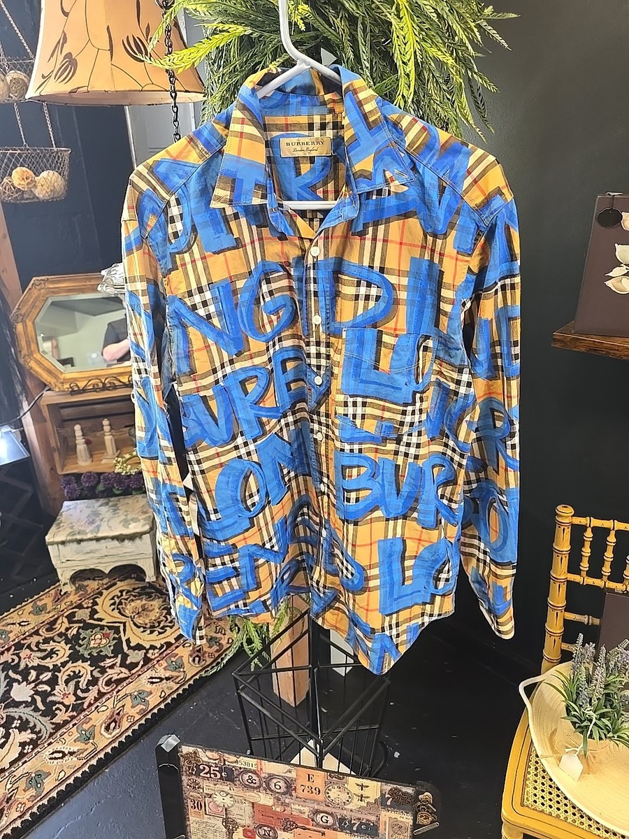 Mens Burberry Nova Check Graffiti Shirt Beige Blue Size Large | eBay