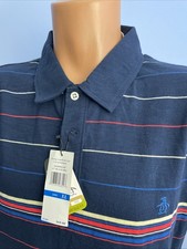 NWT Penguin Shirt XL BLUE STRIPED w/ Logo Short Sleeve Cotton HERITAGE SLIM FIT