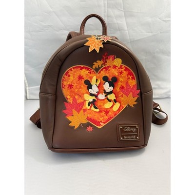 Disney Loungefly Mickey Minnie Mouse Fall Leaves Mini Backpack Brown Collectible