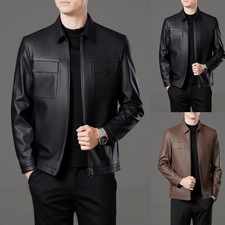 Men Imitation Leather Jacket Lapel Zipper Regular Fit Casual Outerwear
