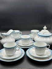 Vintage Porcelain Tea Set 17 pcs Blue Trim Pink Roses Cups Saucers Plates