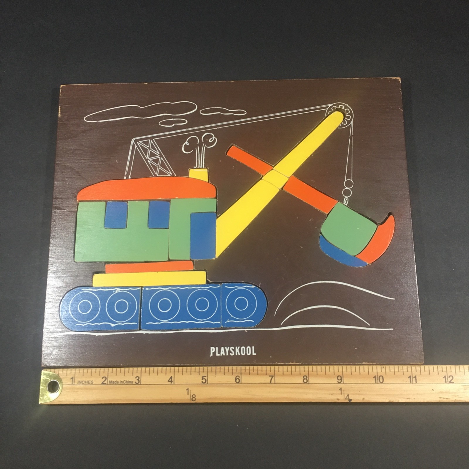 Vintage 1950s Playskool Wooden Puzzle Front End Loader Crane Excavator Rare HTF