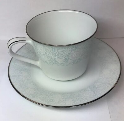 Retired Noritake Ravel Pattern White Flowers w/Blue Silver Trim Cup/Saucer Set