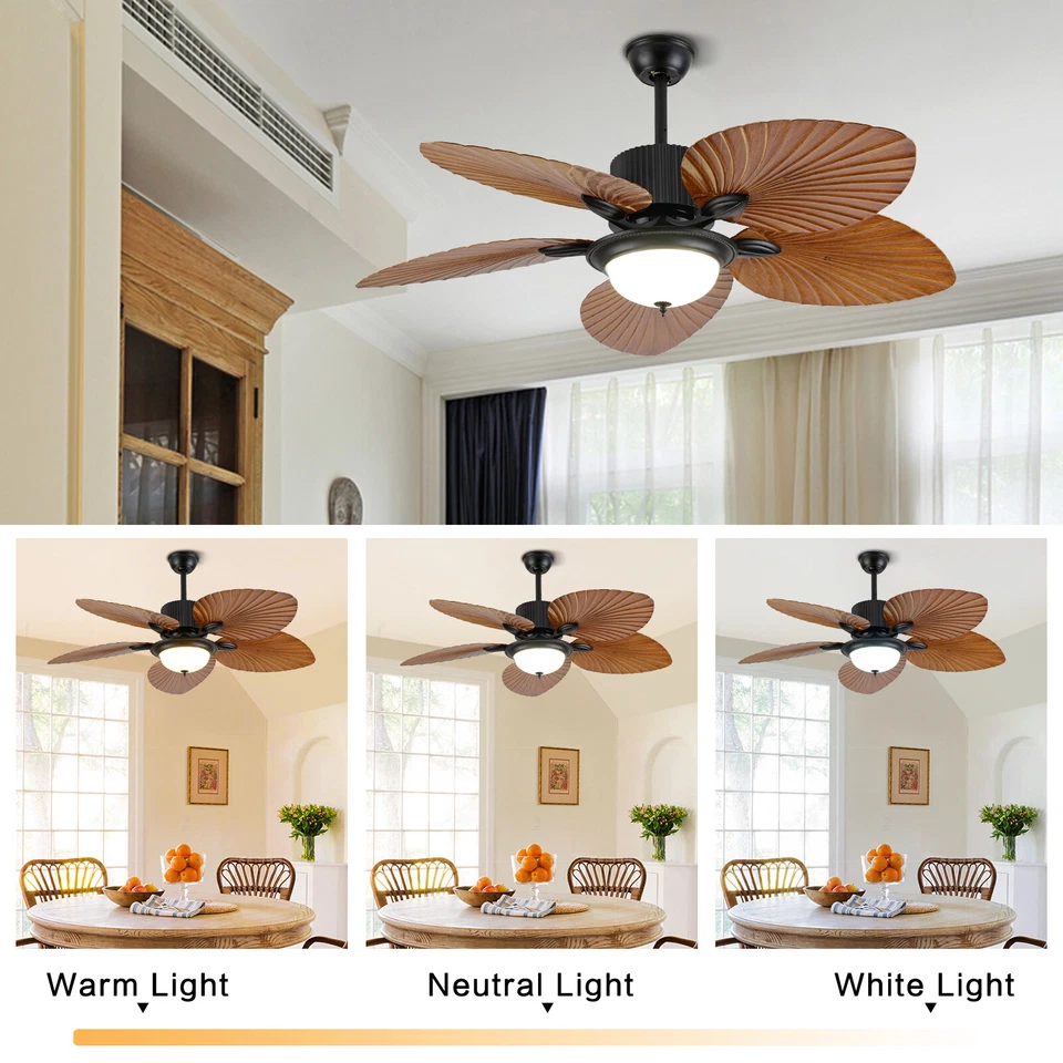 52" Ceiling Fan LED Light Indoor Outdoor Downrod Bronze w/5 Palm Tropical Blades - Image 2 of 4