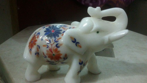 8'' white Marble wild Elephant Figurine lapis malachite Inlay Home Decor m118 - Picture 3 of 5