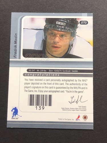 Fredrik Modin Lightning Signed 2001-2002 ITG BAP Card #70 Auto Autograph - Picture 2 of 2