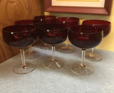 7 Ruby Red Crystal Balloon Wine glasses clear Faceted Stems 5.25”  