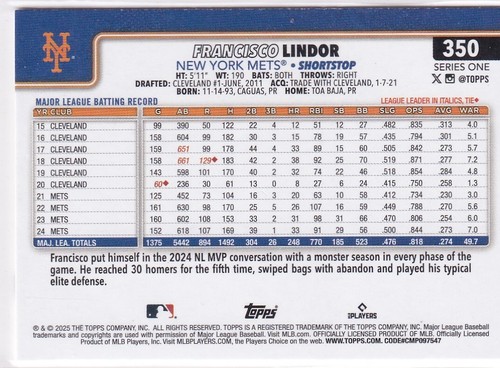 2025 Topps MLB Baseball Series 1 No. 350 Francisco Lindor New York Mets - Bild 2 von 2