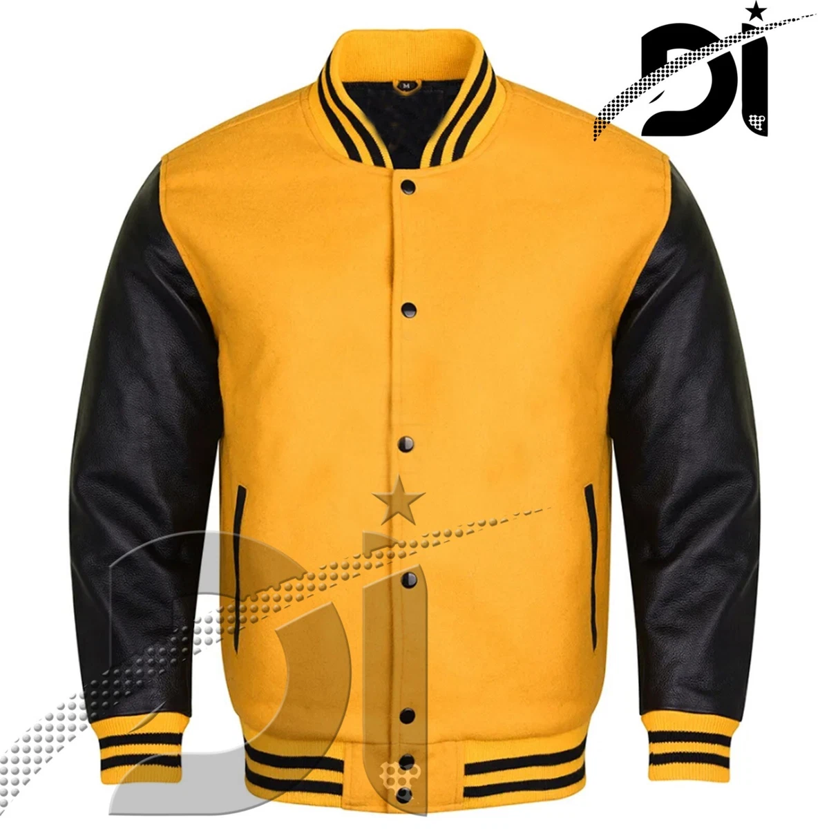 Yellow Wool and Genuine Black Leather Sleeves Baseball Jacket