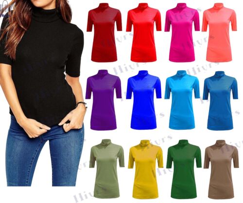 Womens Polo Turtle Neck shirt Ladies Short Sleeve 3/4 Top Vest T-SHIRT UK 8-24 - Picture 1 of 20