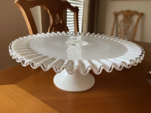 Fenton White Milk Glass Silver Crest Pedestal Cake Stand Plate Ruffled 13"