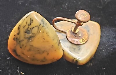 Vintage Triangular Screw Back Earrings Tiger Skin Jasper. May be Bakelite