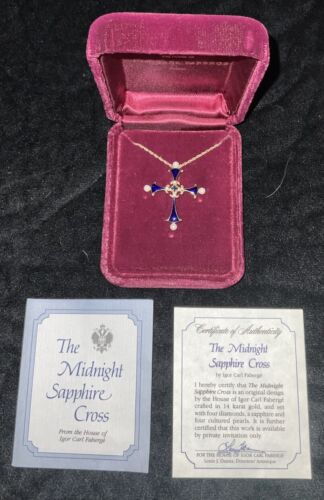 Faberge Midnight Sapphire 14K Gold Diamond Cross Pendant In Box UnWorn + COA