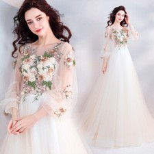 Princess Flower Patterns Tulle White/Ivory Wedding Dress Long Sleeve Bridal Gown