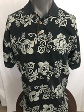 Tommy Bahama Mens Medium Short Slv Polo Shirt Black with Ivory Floral Pattern