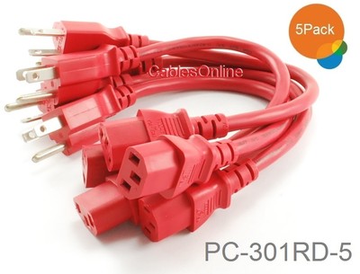 5-Pack 1ft Short 3-Conductor, 18AWG, NEMA 5-15P to IEC C13 Power Cable, Red
