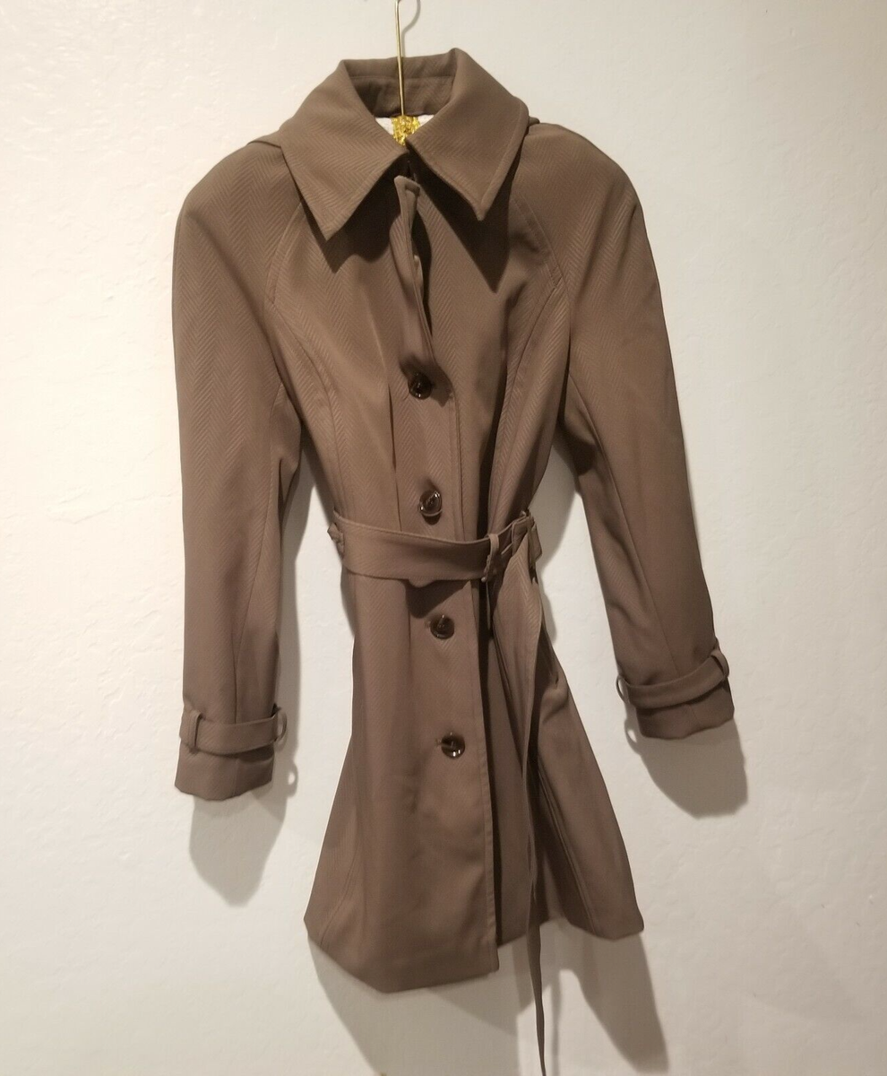 Hilary Radley Womens Herringbone Hooded Trench Coat Small Brown Stretch  Belted