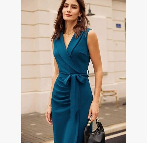 NEW Grace Karin Dress Sleeveless Faux Wrap Belted V-Neck Pencil Blue Size 10