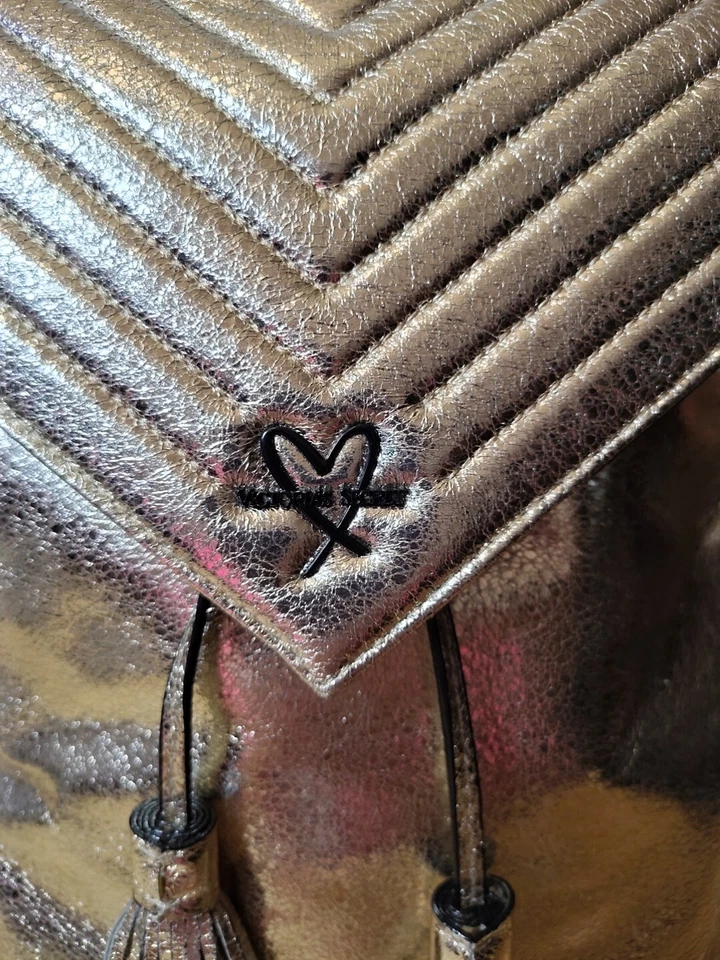Victoria’s Secret Angel V-quilt Backpack Crackle Gold Metallic Chain Tassels - Image 2 of 4