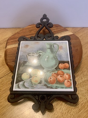 Mcm Vintage Cast Iron And Tile Trivet-FRUIT, CUP, PITCHER-Peaches-9 1/2” x 5”