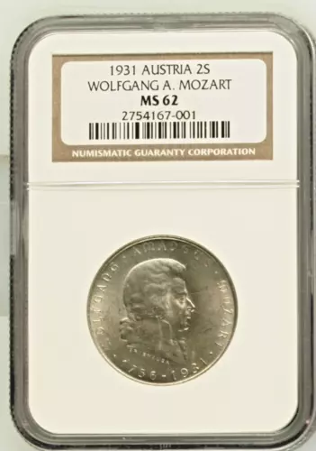 1931 Austria 2 Schilling Silver Coin Wolfgang Mozart NGC MS62