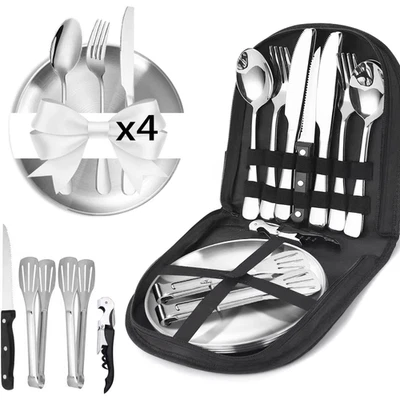 Camping Geschirr Set Edelstahl Besteck Gabeln Messer Löffel mit Tasche - Bild 1 von 4