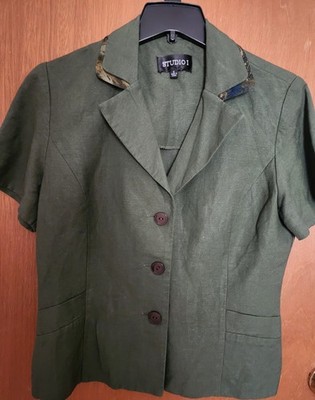 Studio I Olive Green Short Sleeve Blazer with Patterned Trim