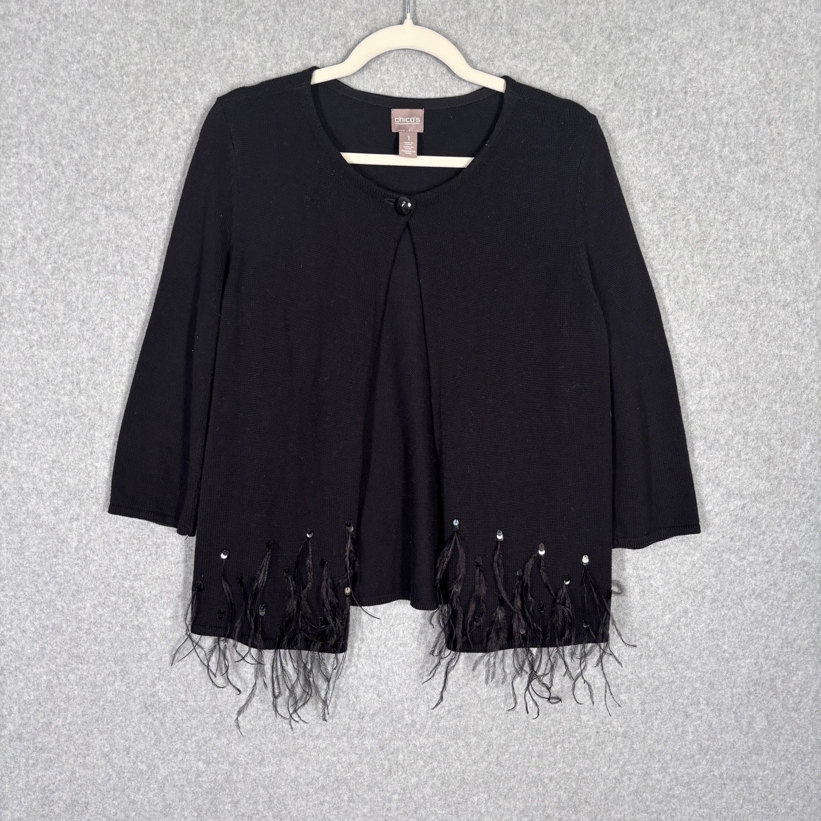 Chicos Cardigan Sweater Medium 1 Open Button Feathers Sequins Maximalist Twee