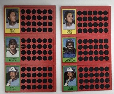 2-  1981 Topps scratch off Panels Tony Perez + Carney Lansford + Velez + Johnson