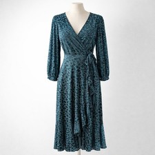 Y2K Whimsigoth Velvet Burnout Wrap Dress Size 6 Teal Green Leopard Midi Romantic